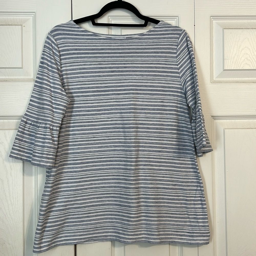 J. JILL Size Small Cotton Blue White Striped Bell Sleeve Top Boatneck Pullover